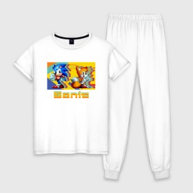 Женская пижама хлопок с принтом Sonic mania 8-бит в Кировске, 100% хлопок | брюки и футболка прямого кроя, без карманов, на брюках мягкая резинка на поясе и по низу штанин | 