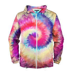 Мужская ветровка 3D с принтом Tie Dye vortex в Кировске, 100% полиэстер | подол и капюшон оформлены резинкой с фиксаторами, два кармана без застежек по бокам, один потайной карман на груди | art | hype | maelstrom | swirl | tie dye | trend | vortex | акварель | акрил | арт | буйство | вихрь | дизайн | завихрение | краски | красок | тай дай | торнадо | тренд | трендовая | хайповая