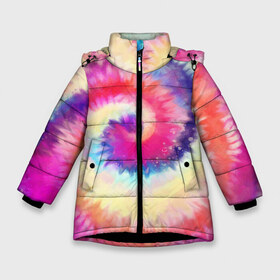 Зимняя куртка для девочек 3D с принтом Tie Dye vortex в Кировске, ткань верха — 100% полиэстер; подклад — 100% полиэстер, утеплитель — 100% полиэстер. | длина ниже бедра, удлиненная спинка, воротник стойка и отстегивающийся капюшон. Есть боковые карманы с листочкой на кнопках, утяжки по низу изделия и внутренний карман на молнии. 

Предусмотрены светоотражающий принт на спинке, радужный светоотражающий элемент на пуллере молнии и на резинке для утяжки. | art | hype | maelstrom | swirl | tie dye | trend | vortex | акварель | акрил | арт | буйство | вихрь | дизайн | завихрение | краски | красок | тай дай | торнадо | тренд | трендовая | хайповая