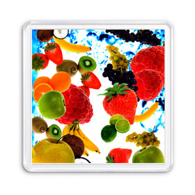 Магнит 55*55 с принтом фрукты в Кировске, Пластик | Размер: 65*65 мм; Размер печати: 55*55 мм | doodling | pattern | textures | tiles | банан | дудлинг | овощи | паттерны | скатерть | тайлы | текстуры | фон | фрукты