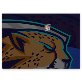 Поздравительная открытка с принтом Форма Cheetah в Кировске, 100% бумага | плотность бумаги 280 г/м2, матовая, на обратной стороне линовка и место для марки
 | design | logo | mascot | баскетбол | гепард | герои | животное | звери | зверь | киберспорт | кошка | охота | рысь | спортивная | стиль | талисман | фитнес | форма | футбол | хищник | яркие