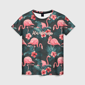 Женская футболка 3D с принтом Flamingo в Кировске, 100% полиэфир ( синтетическое хлопкоподобное полотно) | прямой крой, круглый вырез горловины, длина до линии бедер | Тематика изображения на принте: girl | woman | девушкам | девушки | листья | подарок | тропические цветы | фламинго | цветы