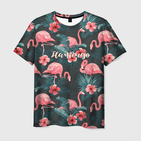 Мужская футболка 3D с принтом Flamingo в Кировске, 100% полиэфир | прямой крой, круглый вырез горловины, длина до линии бедер | girl | woman | девушкам | девушки | листья | подарок | тропические цветы | фламинго | цветы