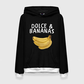 Женская толстовка 3D с принтом Dolce and Bananas в Кировске, 100% полиэстер  | двухслойный капюшон со шнурком для регулировки, мягкие манжеты на рукавах и по низу толстовки, спереди карман-кенгуру с мягким внутренним слоем. | Тематика изображения на принте: banana | dolce and gabbana | банан | бананы | дольче и габбана | на английском | на иностранном | надписи на английском | надпись | прикольные надписи | слово | слоган | со словом | чёрно белая