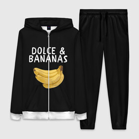 Женский костюм 3D с принтом Dolce and Bananas в Кировске,  |  | Тематика изображения на принте: banana | dolce and gabbana | банан | бананы | дольче и габбана | на английском | на иностранном | надписи на английском | надпись | прикольные надписи | слово | слоган | со словом | чёрно белая