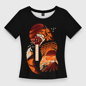 Женская футболка 3D Slim с принтом JAPAN FOX | ЯПОНСКАЯ ЛИСА в Кировске,  |  | Тематика изображения на принте: fox | japan | orange | sakura | знаки | иероглифы | лиса | сакура | символы | фудзияма | япония