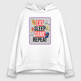 Женское худи Oversize хлопок с принтом EAT SLEEP GAME REPEAT в Кировске, френч-терри — 70% хлопок, 30% полиэстер. Мягкий теплый начес внутри —100% хлопок | боковые карманы, эластичные манжеты и нижняя кромка, капюшон на магнитной кнопке | 90 | 90е | dendy | plastation | sega | видеоигра | денди | джойстик | игра | игрок | игроман | киберспортсмен | кибеспорт | сега