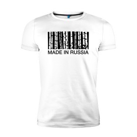 Мужская футболка премиум с принтом Made in Russia в Кировске, 92% хлопок, 8% лайкра | приталенный силуэт, круглый вырез ворота, длина до линии бедра, короткий рукав | barcode | country | forest | russia | береза | лес | родина | россия | страна | штрихкод