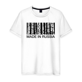 Мужская футболка хлопок с принтом Made in Russia в Кировске, 100% хлопок | прямой крой, круглый вырез горловины, длина до линии бедер, слегка спущенное плечо. | Тематика изображения на принте: barcode | country | forest | russia | береза | лес | родина | россия | страна | штрихкод