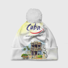 Шапка 3D c помпоном с принтом Куба в Кировске, 100% полиэстер | универсальный размер, печать по всей поверхности изделия | cuba | карибы | куба | лето | пальмы | путешествия | солнце | туризм