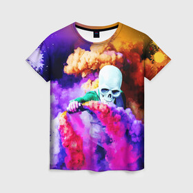 Женская футболка 3D с принтом Череп в дыму в Кировске, 100% полиэфир ( синтетическое хлопкоподобное полотно) | прямой крой, круглый вырез горловины, длина до линии бедер | вода | дым | краски | огонь | скелеты | цветной | череп | шашки | яркий