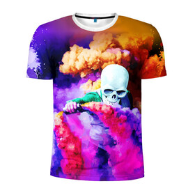 Мужская футболка 3D спортивная с принтом Череп в дыму в Кировске, 100% полиэстер с улучшенными характеристиками | приталенный силуэт, круглая горловина, широкие плечи, сужается к линии бедра | вода | дым | краски | огонь | скелеты | цветной | череп | шашки | яркий