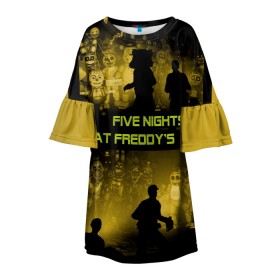 Детское платье 3D с принтом Five Nights at Freddys в Кировске, 100% полиэстер | прямой силуэт, чуть расширенный к низу. Круглая горловина, на рукавах — воланы | Тематика изображения на принте: five | freddys | horror | nights | point and click | survival | игра | ночей | пять | фредди