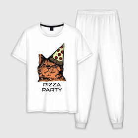Мужская пижама хлопок с принтом PIZZA PARTY в Кировске, 100% хлопок | брюки и футболка прямого кроя, без карманов, на брюках мягкая резинка на поясе и по низу штанин
 | party | pizza | pizza party | time | арт | веселье | время | для детей | животные | картинка | кот | котик | котики | пицца | пиццы | рисунок | рыжий кот