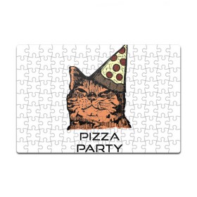 Пазл магнитный 126 элементов с принтом PIZZA PARTY в Кировске, полимерный материал с магнитным слоем | 126 деталей, размер изделия —  180*270 мм | party | pizza | pizza party | time | арт | веселье | время | для детей | животные | картинка | кот | котик | котики | пицца | пиццы | рисунок | рыжий кот