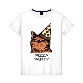 Женская футболка хлопок с принтом PIZZA PARTY в Кировске, 100% хлопок | прямой крой, круглый вырез горловины, длина до линии бедер, слегка спущенное плечо | Тематика изображения на принте: party | pizza | pizza party | time | арт | веселье | время | для детей | животные | картинка | кот | котик | котики | пицца | пиццы | рисунок | рыжий кот