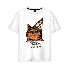 Женская футболка хлопок Oversize с принтом PIZZA PARTY в Кировске, 100% хлопок | свободный крой, круглый ворот, спущенный рукав, длина до линии бедер
 | Тематика изображения на принте: party | pizza | pizza party | time | арт | веселье | время | для детей | животные | картинка | кот | котик | котики | пицца | пиццы | рисунок | рыжий кот