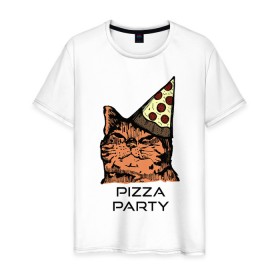 Мужская футболка хлопок с принтом PIZZA PARTY в Кировске, 100% хлопок | прямой крой, круглый вырез горловины, длина до линии бедер, слегка спущенное плечо. | party | pizza | pizza party | time | арт | веселье | время | для детей | животные | картинка | кот | котик | котики | пицца | пиццы | рисунок | рыжий кот