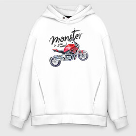 Мужское худи Oversize хлопок с принтом Monster в Кировске, френч-терри — 70% хлопок, 30% полиэстер. Мягкий теплый начес внутри —100% хлопок | боковые карманы, эластичные манжеты и нижняя кромка, капюшон на магнитной кнопке | Тематика изображения на принте: monster ducati монстр красный мотоцикл леттеринг надпись гранж брутальный принт графика крутой модный яркий