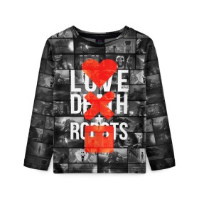 Детский лонгслив 3D с принтом LOVE DEATH ROBOTS (LDR) в Кировске, 100% полиэстер | длинные рукава, круглый вырез горловины, полуприлегающий силуэт
 | death | fantastic | future | ldr | love | love death and robots | love death robots | netflix | robots | sci fi | будущее | лдр | любовь | нетфликс | роботы | фантастика
