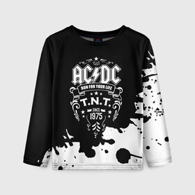 Детский лонгслив 3D с принтом AC/DC T.N.T. в Кировске, 100% полиэстер | длинные рукава, круглый вырез горловины, полуприлегающий силуэт
 | Тематика изображения на принте: ac dc | acdc | acdc ас дс | angus | back in black | highway to hell | mckinnon | young | австралийская | ангус янг | ас дс | асдс | блюз | в форме | гитара | группа | крис слэйд | метал | молния | музыка | п | певец | рок | рок н ролл