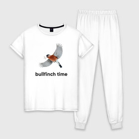 Женская пижама хлопок с принтом Bullfinch time в Кировске, 100% хлопок | брюки и футболка прямого кроя, без карманов, на брюках мягкая резинка на поясе и по низу штанин | bird | bullfinch | wings | летать | полет | птица | снегирь