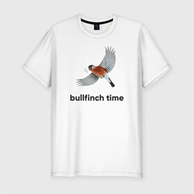 Мужская футболка хлопок Slim с принтом Bullfinch time в Кировске, 92% хлопок, 8% лайкра | приталенный силуэт, круглый вырез ворота, длина до линии бедра, короткий рукав | Тематика изображения на принте: bird | bullfinch | wings | летать | полет | птица | снегирь