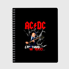 Тетрадь с принтом AC DC let there be rock! в Кировске, 100% бумага | 48 листов, плотность листов — 60 г/м2, плотность картонной обложки — 250 г/м2. Листы скреплены сбоку удобной пружинной спиралью. Уголки страниц и обложки скругленные. Цвет линий — светло-серый
 | Тематика изображения на принте: ac dc | acdc | acdc ас дс | angus | back in black | highway to hell | mckinnon | young | австралийская | ангус янг | ас дс | асдс | блюз | в форме | гитара | группа | крис слэйд | метал | молния | музыка | п | певец | рок | рок н ролл