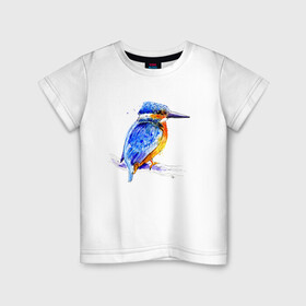 Детская футболка хлопок с принтом Kingfisher в Кировске, 100% хлопок | круглый вырез горловины, полуприлегающий силуэт, длина до линии бедер | Тематика изображения на принте: акварель | графика | зимородок | крутой | модный | принт | птица | птичка | рисунок | рыбак | рыболов | скетч | стильный | яркий