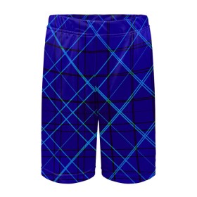 Детские спортивные шорты 3D с принтом Сине-черная геометрия 3D в Кировске,  100% полиэстер
 | пояс оформлен широкой мягкой резинкой, ткань тянется
 | 3d абстракция | 3d линии | 3d рисунок | геометрия | линии | пересечение линий | рисунок из линий | сине черный. | синие линии | синий на черном | черные линии