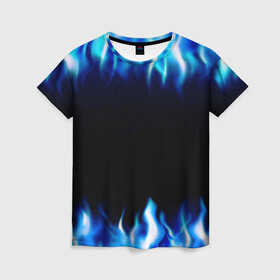 Женская футболка 3D с принтом Синий Огонь в Кировске, 100% полиэфир ( синтетическое хлопкоподобное полотно) | прямой крой, круглый вырез горловины, длина до линии бедер | абстракция | блеск | волны | дракон | дым | крутой | линии | неон | неоновый | ночь | огненный | огни | огонь | пламя | свет | синий | сияние | яркий