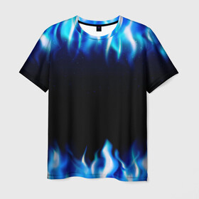 Мужская футболка 3D с принтом Синий Огонь в Кировске, 100% полиэфир | прямой крой, круглый вырез горловины, длина до линии бедер | Тематика изображения на принте: абстракция | блеск | волны | дракон | дым | крутой | линии | неон | неоновый | ночь | огненный | огни | огонь | пламя | свет | синий | сияние | яркий