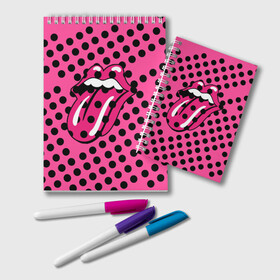 Блокнот с принтом rolling stones pink logo в Кировске, 100% бумага | 48 листов, плотность листов — 60 г/м2, плотность картонной обложки — 250 г/м2. Листы скреплены удобной пружинной спиралью. Цвет линий — светло-серый
 | Тематика изображения на принте: mick jagger | music | rock | rolling stones | музыка | рок