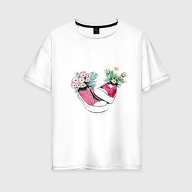 Женская футболка хлопок Oversize с принтом Кеды в Кировске, 100% хлопок | свободный крой, круглый ворот, спущенный рукав, длина до линии бедер
 | аромат | букет | весна | кеды | кросовки | кроссовки | лето | обувь | прикольные кеды | розовый | цветы