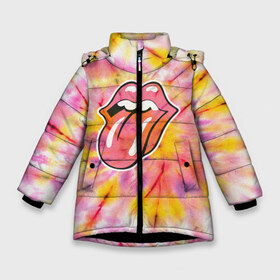 Зимняя куртка для девочек 3D с принтом Rolling Stones tie-dye в Кировске, ткань верха — 100% полиэстер; подклад — 100% полиэстер, утеплитель — 100% полиэстер. | длина ниже бедра, удлиненная спинка, воротник стойка и отстегивающийся капюшон. Есть боковые карманы с листочкой на кнопках, утяжки по низу изделия и внутренний карман на молнии. 

Предусмотрены светоотражающий принт на спинке, радужный светоотражающий элемент на пуллере молнии и на резинке для утяжки. | Тематика изображения на принте: mick jagger | music | rock | rolling stones | музыка | рок