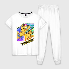 Женская пижама хлопок с принтом Pikachu в Кировске, 100% хлопок | брюки и футболка прямого кроя, без карманов, на брюках мягкая резинка на поясе и по низу штанин | game | pikachu | аниме | игры | манги | покемон