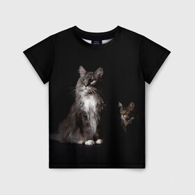 Детская футболка 3D с принтом Котики в Кировске, 100% гипоаллергенный полиэфир | прямой крой, круглый вырез горловины, длина до линии бедер, чуть спущенное плечо, ткань немного тянется | Тематика изображения на принте: animal | animals | beast | black | cat | kitten | животное | животные | зверек | зверь | кот | котейка | котенок | котики | котэ | кошка | кошки | мейн кун | черная