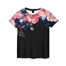 Женская футболка 3D с принтом цветы на черном в Кировске, 100% полиэфир ( синтетическое хлопкоподобное полотно) | прямой крой, круглый вырез горловины, длина до линии бедер | 3d | big picture | красиво | прикольные картинки | цветы