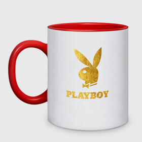 Кружка двухцветная с принтом PLAYBOY GOLD в Кировске, керамика | объем — 330 мл, диаметр — 80 мм. Цветная ручка и кайма сверху, в некоторых цветах — вся внутренняя часть | brand | brazzers | fake taxi | faketaxi | hub | mode | playboy | бразерс | бренд | мода | фейк такси