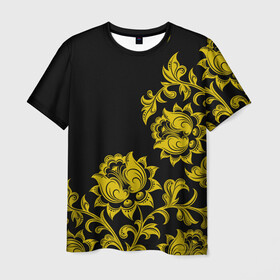 Мужская футболка 3D с принтом Золотая хохлома в Кировске, 100% полиэфир | прямой крой, круглый вырез горловины, длина до линии бедер | бесконечный | бесшовный | жёлтый | завиток | золото | линия | лист | орнамент | повторение | позолоченный | природа | растение | роспись | русский | узор | цветок | чёрный | элемент