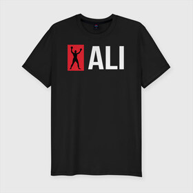 Мужская футболка премиум с принтом ALI в Кировске, 92% хлопок, 8% лайкра | приталенный силуэт, круглый вырез ворота, длина до линии бедра, короткий рукав | ali | boxer | boxing | fighting | muhammad | muhammed | али | мухаммед