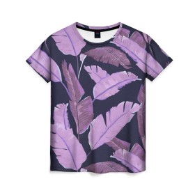 Женская футболка 3D с принтом Tropical leaves 4 purple в Кировске, 100% полиэфир ( синтетическое хлопкоподобное полотно) | прямой крой, круглый вырез горловины, длина до линии бедер | leaves | palms. тропические | tropical | листья | пальмы