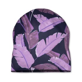 Шапка 3D с принтом Tropical leaves 4 purple в Кировске, 100% полиэстер | универсальный размер, печать по всей поверхности изделия | leaves | palms. тропические | tropical | листья | пальмы