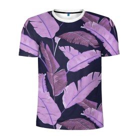 Мужская футболка 3D спортивная с принтом Tropical leaves 4 purple в Кировске, 100% полиэстер с улучшенными характеристиками | приталенный силуэт, круглая горловина, широкие плечи, сужается к линии бедра | leaves | palms. тропические | tropical | листья | пальмы