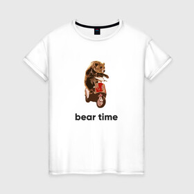 Женская футболка хлопок с принтом Bear time в Кировске, 100% хлопок | прямой крой, круглый вырез горловины, длина до линии бедер, слегка спущенное плечо | bear | bear time | bike | moto | motorbike | motorcycle | scooter | медведь | миша | мишка | мопед | мото | мотоцикл