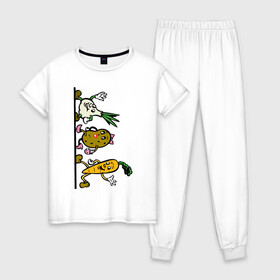 Женская пижама хлопок с принтом овощи в Кировске, 100% хлопок | брюки и футболка прямого кроя, без карманов, на брюках мягкая резинка на поясе и по низу штанин | еда | картошка | корнеплоды | морковь | мультфильм | овощи | прикольные картинки | чеснок