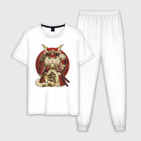 Мужская пижама хлопок с принтом Кот Самурай в Кировске, 100% хлопок | брюки и футболка прямого кроя, без карманов, на брюках мягкая резинка на поясе и по низу штанин
 | Тематика изображения на принте: cat | japan | ronin | samurai | воин | кот | котик | котэ | няшка | ронин | рыцарь | самурай | шлем | япония