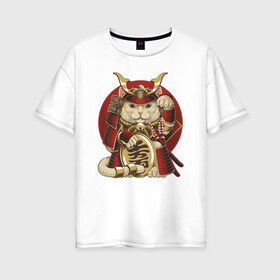 Женская футболка хлопок Oversize с принтом Кот Самурай в Кировске, 100% хлопок | свободный крой, круглый ворот, спущенный рукав, длина до линии бедер
 | cat | japan | ronin | samurai | воин | кот | котик | котэ | няшка | ронин | рыцарь | самурай | шлем | япония