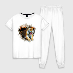 Женская пижама хлопок с принтом Тигр в Кировске, 100% хлопок | брюки и футболка прямого кроя, без карманов, на брюках мягкая резинка на поясе и по низу штанин | animal | tiger | арт | животное | полосатый | рисунок | тигр | хищная кошка | хищник