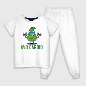 Детская пижама хлопок с принтом AVOCArDiO в Кировске, 100% хлопок |  брюки и футболка прямого кроя, без карманов, на брюках мягкая резинка на поясе и по низу штанин
 | avo cardio | avocado | cardio | авокадо | гантели | милые создания | надпись | рисунок | спорт